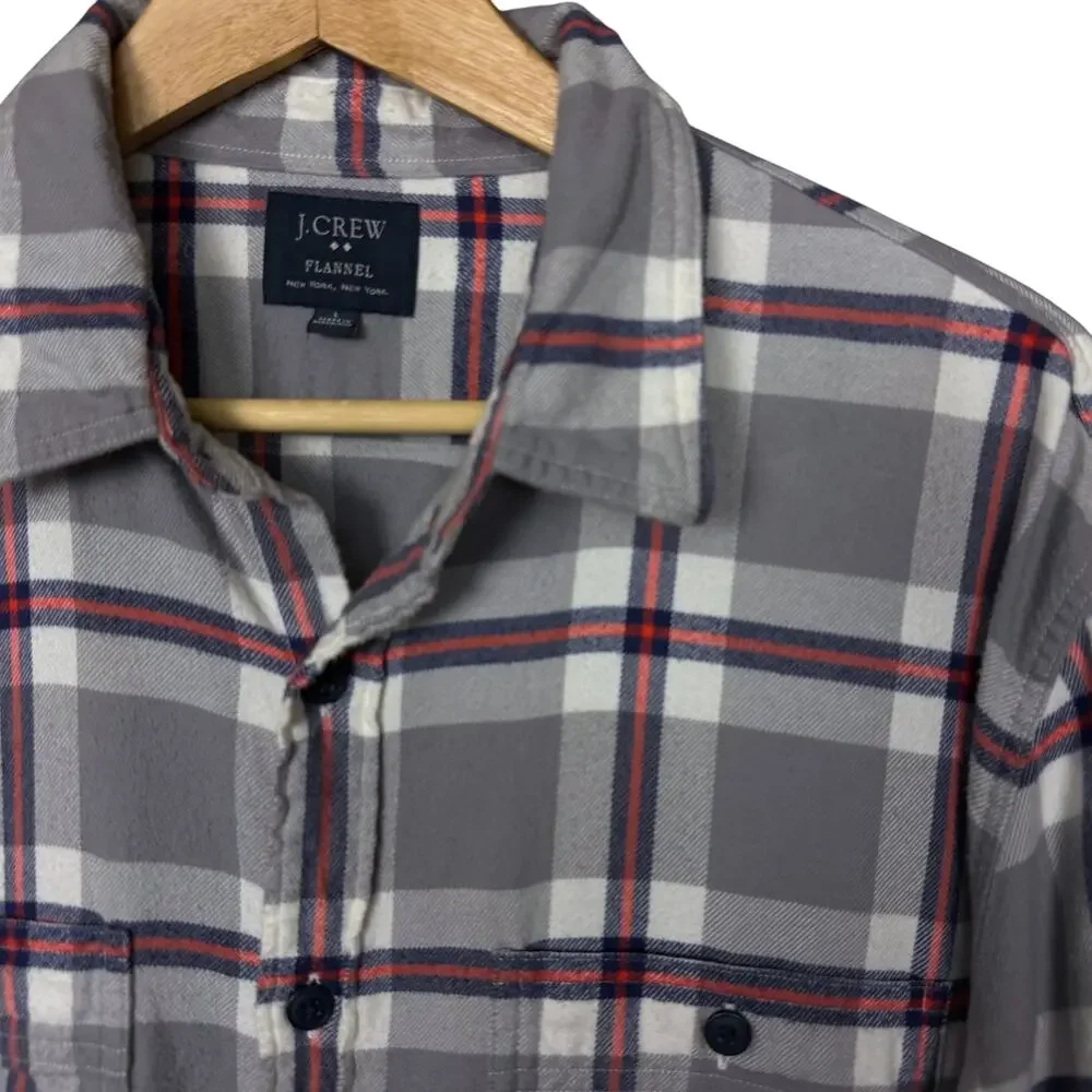 J.Crew Shirt Men Large Gray Plaid Flannel Button Front Long Sleeve Shirt Pockets